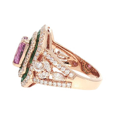 JR0422K - Unheated Pink Sapphire with Emerald and Diamond Ring Set in 18K Rose Gold Setting