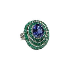 JR0006K - Tanzanite with Emerald & Diamond Ring set in 18k White Gold Setting
