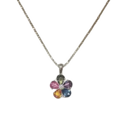 JP0119L - Fancy Sapphire with Diamond Flower Pendant set in 18K White Gold Setting