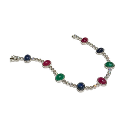 JB0010K - Cabuchon Emerald, Ruby, and Blue Sapphire with Diamond Bracelet set in 18k White Gold Setting