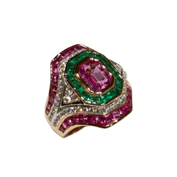 JR0048K - Pink Sapphire with Emerald and Diamond Ring set in 18K Rose Gold Setting