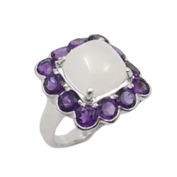 JR0038P - Sugarloaf Moonstone with Amethyst Ring set in 14K Gold White Setting