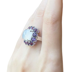 JR0038P - Sugarloaf Moonstone with Amethyst Ring set in 14K Gold White Setting