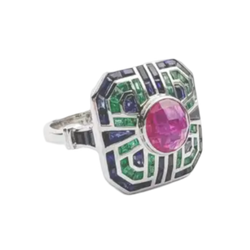 JR0071L - Ruby, Blue Sapphire and Emerald Ring set in 18K White Gold Setting