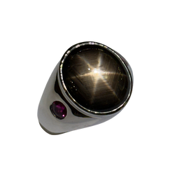 JR0112K - Black Star Sapphire with Ruby Ring Set in Platinum Setting