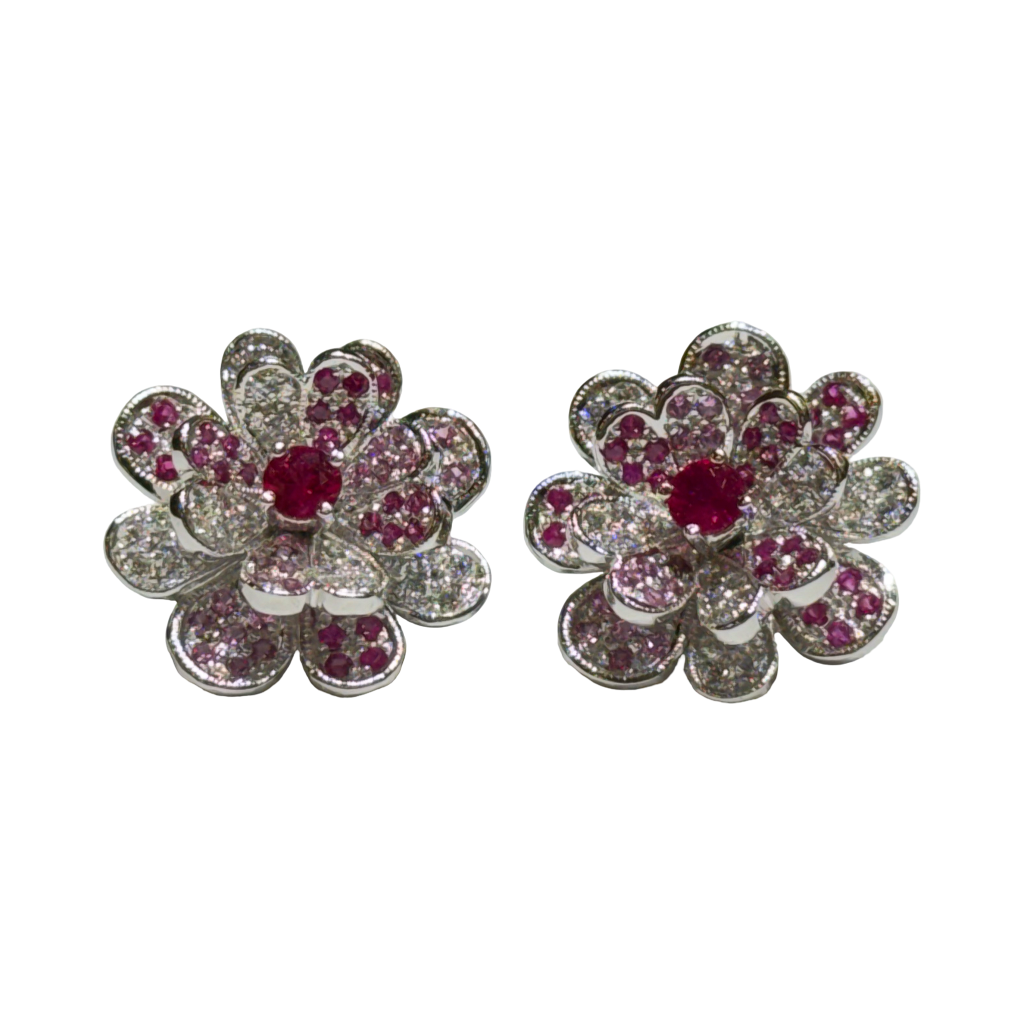 JE0557T - Ruby & Pink Sapphire with Diamond Flower Earrings Set in 