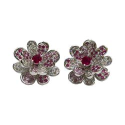 JE0557T - Ruby & Pink Sapphire with Diamond Flower Earrings Set in 14K White Gold Setting