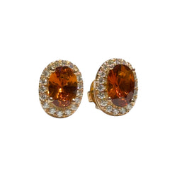 JE0077K - Orangy-Yellow Sapphire with Halo Diamond Earrings Set in 18K Rose Gold Setting