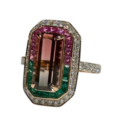 JR0177K - Watermelon Tourmaline with Emerald, Pink Sapphire, and Diamond Ring set in 18K Rose Gold Setting