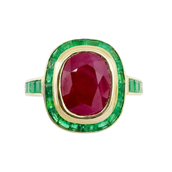 JR0439L - Cushion Ruby with Emerald Ring set in 18K Gold Setting