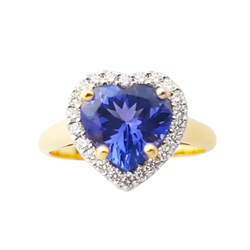 JR0381L - Heart Shape Tanzanite with Halo Diamond Ring set in 18K Gold Setting