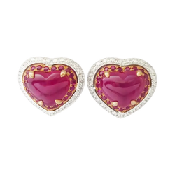 JE0444M - Heart Shape Cabochon Ruby with Pink Sapphire & Diamond Heart Earrings in 18K Rose/White Gold
