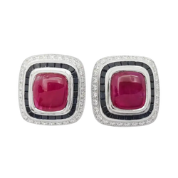 JE0218M - Cabochon Ruby, Black Sapphire and Diamond Earrings set in 18K White Gold Setting
