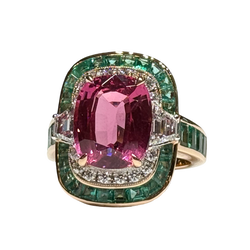 JR0259K - Unheated Spinel with Emerald & Diamond Ring Set in 18K Rose Gold Setting