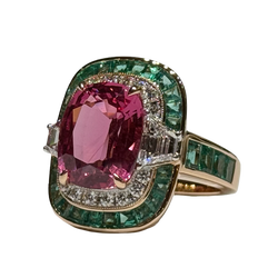 JR0259K - Unheated Spinel with Emerald & Diamond Ring Set in 18K Rose Gold Setting