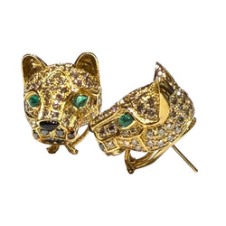 JE0210SK - Champagne & Black Diamond, Cabuchon Emerald, and Onyx Panther Earrings Set in 18K Gold Setting
