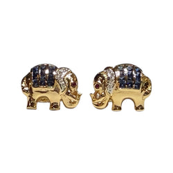 JE0265K - Blue Sapphire, Ruby, with Diamond Elephant Earrings Set in 14K Gold Setting
