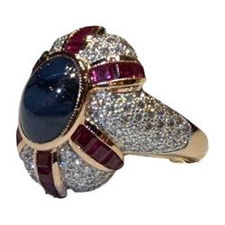 JR0366K - Blue Star Sapphire, Ruby, and Diamond Ring Set in 18K Rose Gold Setting