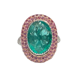 JR0396K - Emerald with Pave Pink Sapphire and Diamond Ring Set in 18K White & Rose Gold Setting