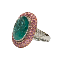 JR0396K - Emerald with Pave Pink Sapphire and Diamond Ring Set in 18K White & Rose Gold Setting