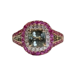 JR0377K - GIA Certified Unheated Green Sapphire with Pink Sapphire and Diamond Ring Set in 18K Rose Gold Setting