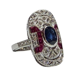 JR0401K - Art Deco Style Blue Sapphire, Ruby, and Diamond Ring Set in 18K White Gold Setting