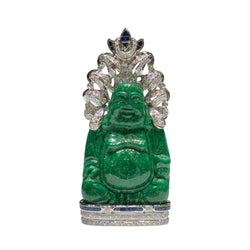 JP0095K - Happy Buddha Jade Carving Pendant and Brooch with Diamonds and Sapphires set in 18K White Gold Setting