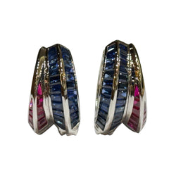 JE0244NK - Ruby and Blue Sapphire Hoop Earrings Set in 18K White Gold Setting