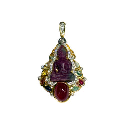 JP0097K - Carved Ruby with 9 Lucky Gems and Diamond Pendant Set in 18K Gold Setting