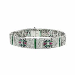JB0122K - Emerald, Ruby, Blue Sapphire, and Diamond Art Deco Style Bracelet Set in 18K White Gold Setting