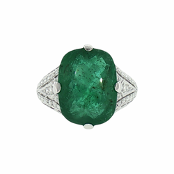 JR0436K - Emerald with Diamond Art Deco Style Ring Set in Platinum 950 Setting