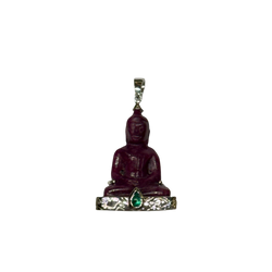 JP0124K - Carved Ruby Buddha with Cabuchon Emerald Pendant Set in 18K White Gold Setting