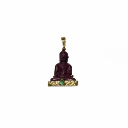 JP0122K - Carved Ruby Buddha with Cabuchon Emerald Pendant Set in 18K Gold Setting
