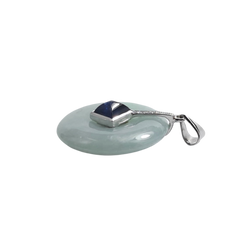 JP0214L - Jade Disc with Sugarloaf Blue Sapphire& Diamond Pendant set in 18K White Gold Setting