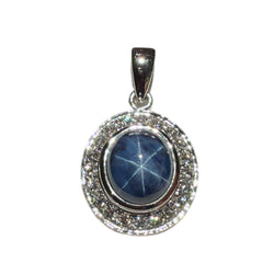 JP0130K - Blue Star Sapphire with Diamond Pendant Set in 18K White Gold Setting