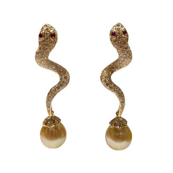 JEMF1026K - Champaign Diamond Snake Earrings with Golden South Sea Pearl Drops set in 18K Gold Setting