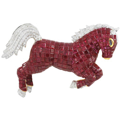 JPHorse - Invisible Setting Ruby, Blue Sapphire & Diamond Horse Brooch Set in 18 Karat Gold