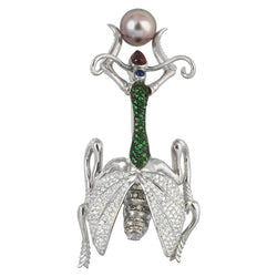 SJ3011 - South Sea Pearl, Tsavorite, Diamond, Ruby, Blue Sapphire Mantis Brooch in 18 K