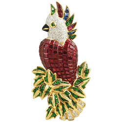 SJ3284 - Ruby, Tsavorite, Blue Sapphire with Diamond Parrot Brooch Set in 18 Karat Gold