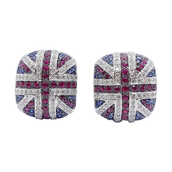 SJ1613 - Ruby, Blue Sapphire and Diamond British Flag Earrings in 18 Karat White Gold