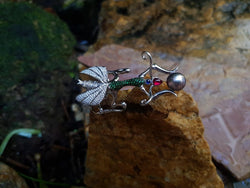 SJ3011 - South Sea Pearl, Tsavorite, Diamond, Ruby, Blue Sapphire Mantis Brooch in 18 K