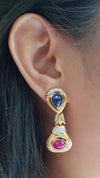 SJ1746 - Cabochon Blue Sapphire, Cabochon Ruby with Diamond Earrings Set in 18 Karat Gold