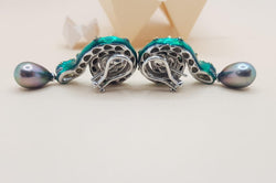 JED4871 - Tahitian South Sea Pearl, Yellow Sapphire & Brown Diamond Snake Earrings in 18K White Gold