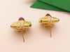 SJ1606 - Cabochon Ruby with Diamond and Cabochon Blue Sapphire Earrings in 18 Karat Gold