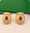 SJ1606 - Cabochon Ruby with Diamond and Cabochon Blue Sapphire Earrings in 18 Karat Gold