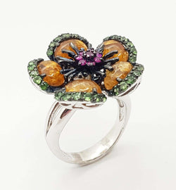 SJ3216 - Tourmaline, Tsavorite and Ruby Ring set in Silver Settings