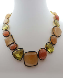 SJ3223 - Quartz, Moonstone, Lemon Quartz and Black Sapphire Necklace in Silver Settings
