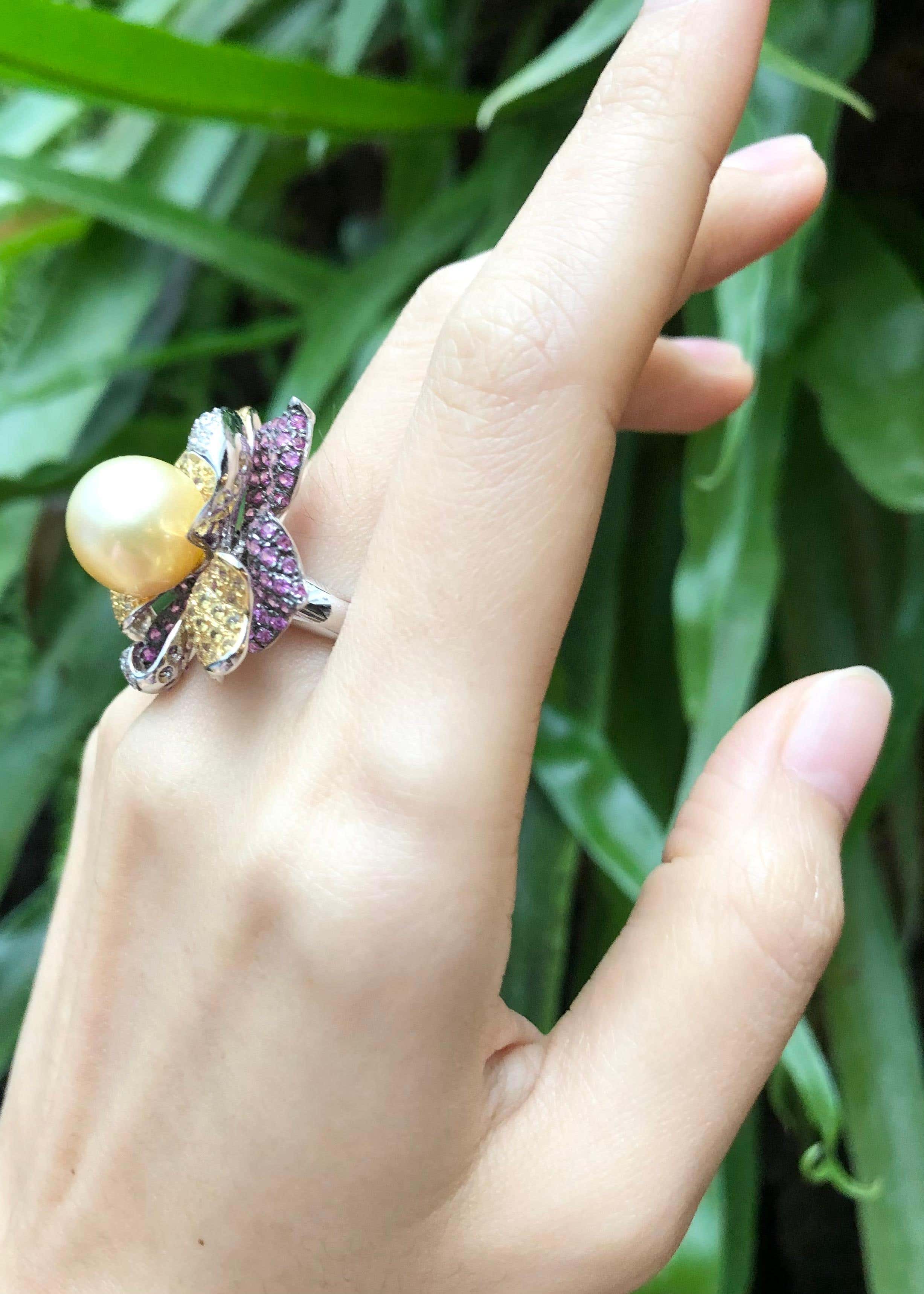 SJ6360 - South Sea Pearl, Yellow Sapphire, Pink Sapphire Flower Ring in 18K  White Gold