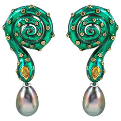 JED4871 - Tahitian South Sea Pearl, Yellow Sapphire & Brown Diamond Snake Earrings in 18K White Gold