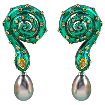 JED4871 - Tahitian South Sea Pearl, Yellow Sapphire & Brown Diamond Snake Earrings in 18K White Gold
